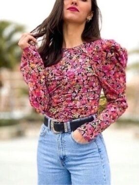 Zara Floral Poplin Puff-Sleeve  Top - Dark Pink Size S